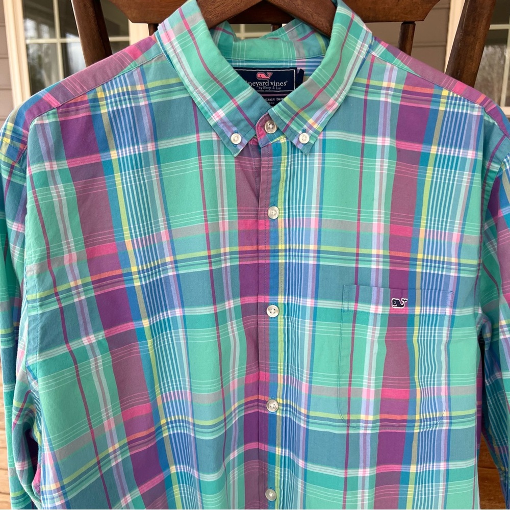Vineyard Vines Men’s Slim Fit Tucker Shirt Green Pink Madras Plaid Cotton XL